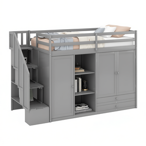 Lit mezzanine gris avec 3 étagères, 2 armoires, 2 tiroirs, échelle pour enfants, ensemble de rangement, design contemporain - Product Image 1
