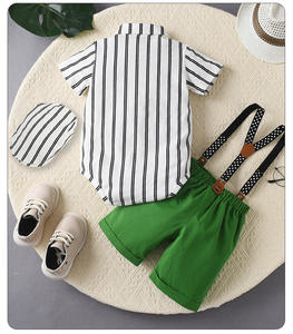 Ensemble de tenues formelles pour garçons Chemise à manches courtes à rayures Noeud papillon à pois Short à bretelles avec bonnet pour anniversaire en plein air - Product Image 5