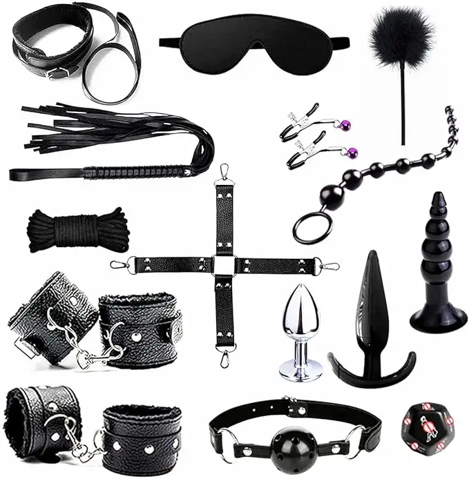 BDSM mainan seks 15 buah kit pengekangan perbudakan Set pengekangan tempat tidur Fetish untuk permainan dewasa borgol penutup mata pemukul percikan