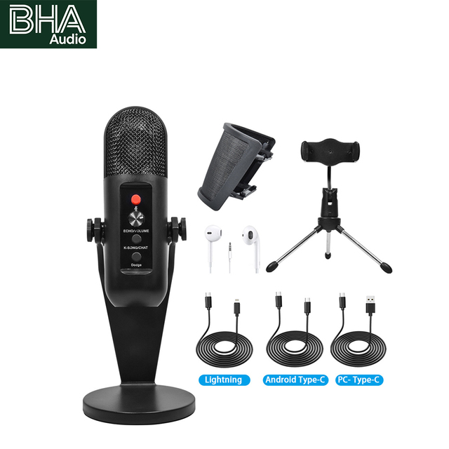 BHA K-6 USB Microphone Set for Mobile Phone and Computer Universal for Live Streaming Game Streaming Real-time Monitor OTG
