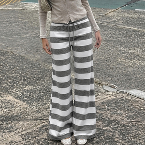 Color Block Striped Knit Pants, Straight Leg Women's <b>Trousers</b> with Drawstring Waist, <b>Y2K</b> Retro Casual Streetwear Fashion - Product Image 3