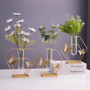 Vas Kaca Mini Bingkai Logam Kuat Kualitas Tinggi Dekorasi Rumah Nordic Vas Bunga Kristal Bening
