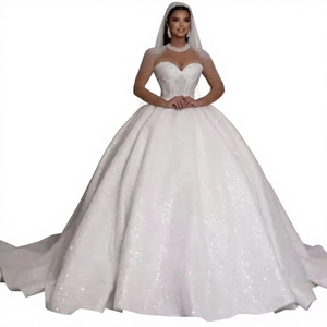 Wedding Dress Bridal Dress Scoop Collar Long Sleeve High Waist Trailing Heavy Industry Nail Bead <strong>Sequined</strong> Fluffy <strong>Skirt</strong> - Product Image 1