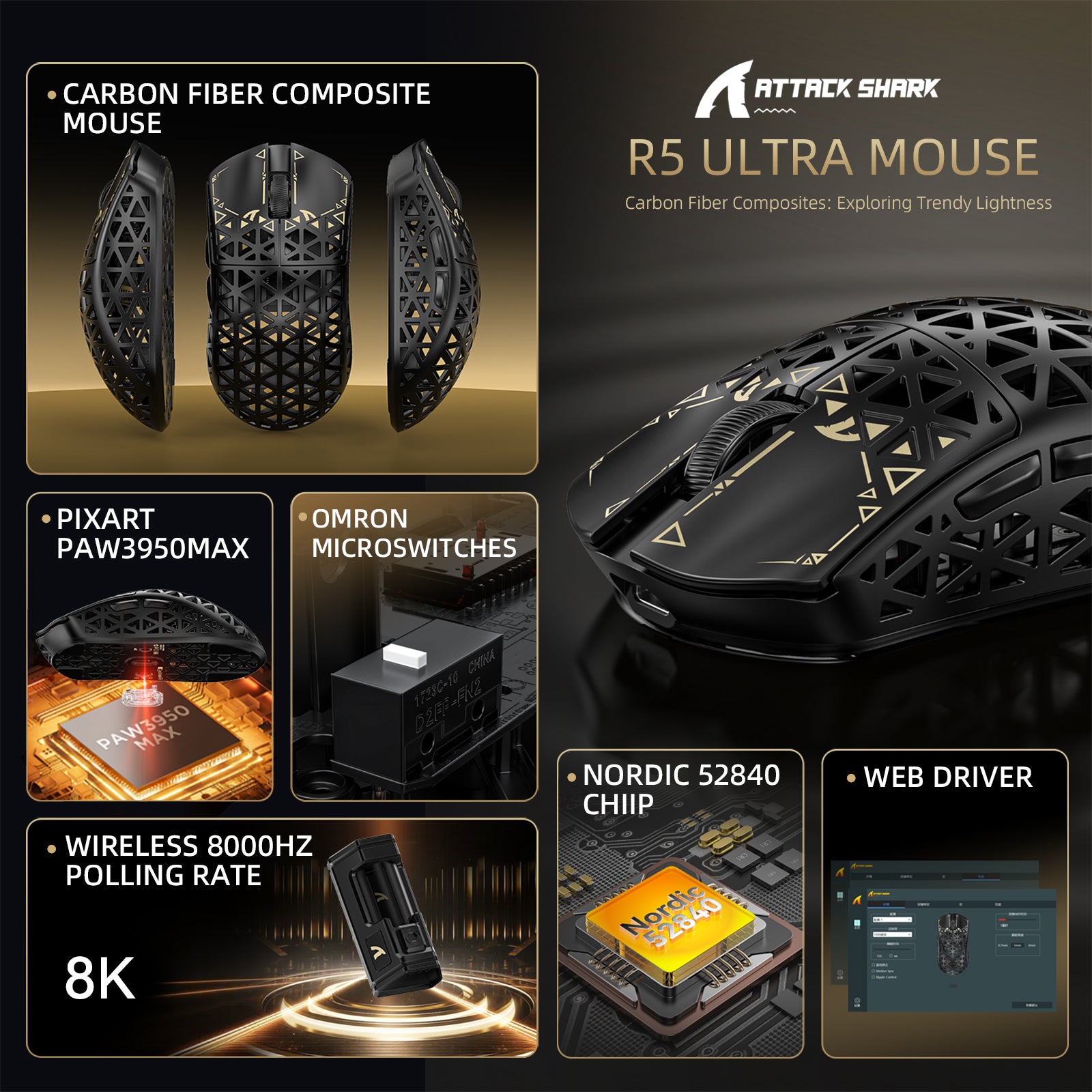 Attack Shark R5 Ultra Carbon Fiber Wireless 8K Gaming Mouse