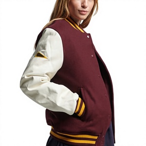 Veste universitaire bordeaux et crème avec bordure jaune, col rabattu, fermeture boutonnée, manches classiques, style preppy, vêtement d'extérieur pour l'automne - Product Image 3