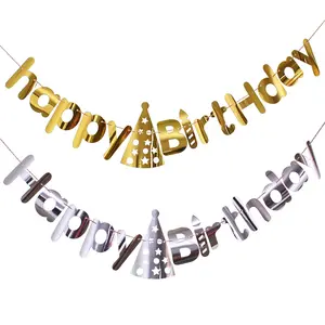 जन्मदिन मुबारक Specular गोल्डन चांदी जन्मदिन टोपी आकार पत्र बैनर के लिए पार्टी सजावट