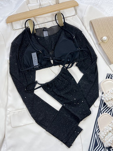 Traje de Baño Negro de Moda, Nuevo Modelo 2022, Top Corto de Manga Larga con Brillantina, Conjunto de <span class=keywords><strong>Bikini</strong></span> de 3 Piezas, Traje de Baño Sexy para Mujer - Product Image 4