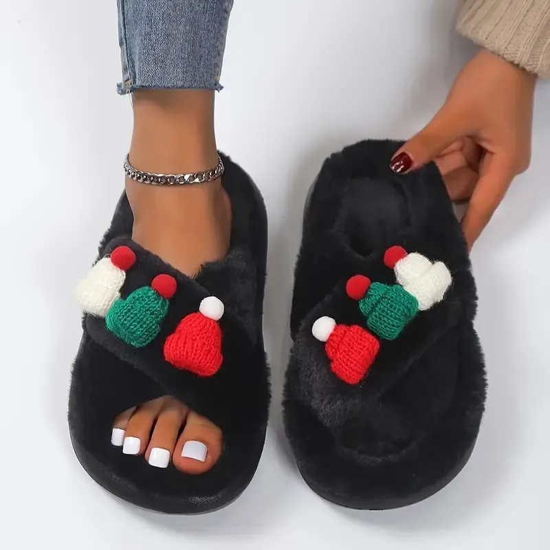 Рождественский снеговик с украшением в виде шляпы для девочек, женская обувь на плоской нескользящей подошве, женские плюшевые теплые тапочки