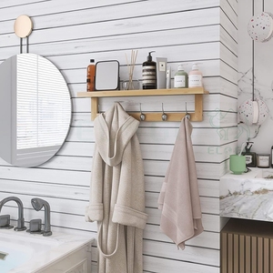 <b>Wall</b>-<b>mounted</b> Coat Hooks Bamboo Hanging <b>Shelf</b> 5 Double Metal Hooks <b>Bathroom</b> Bedroom Kitchen - Product Image 6