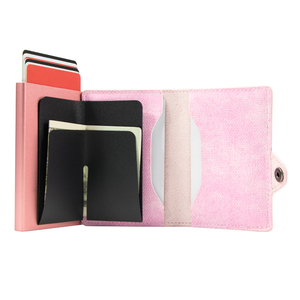 Women Slim Minimalist Pink Denim Leather Bank Credit Card <b>Wallet</b> <b>Holder</b> Aluminum Metal Pop Out Cardholder Tarjetero Para Mujer - Product Image 3