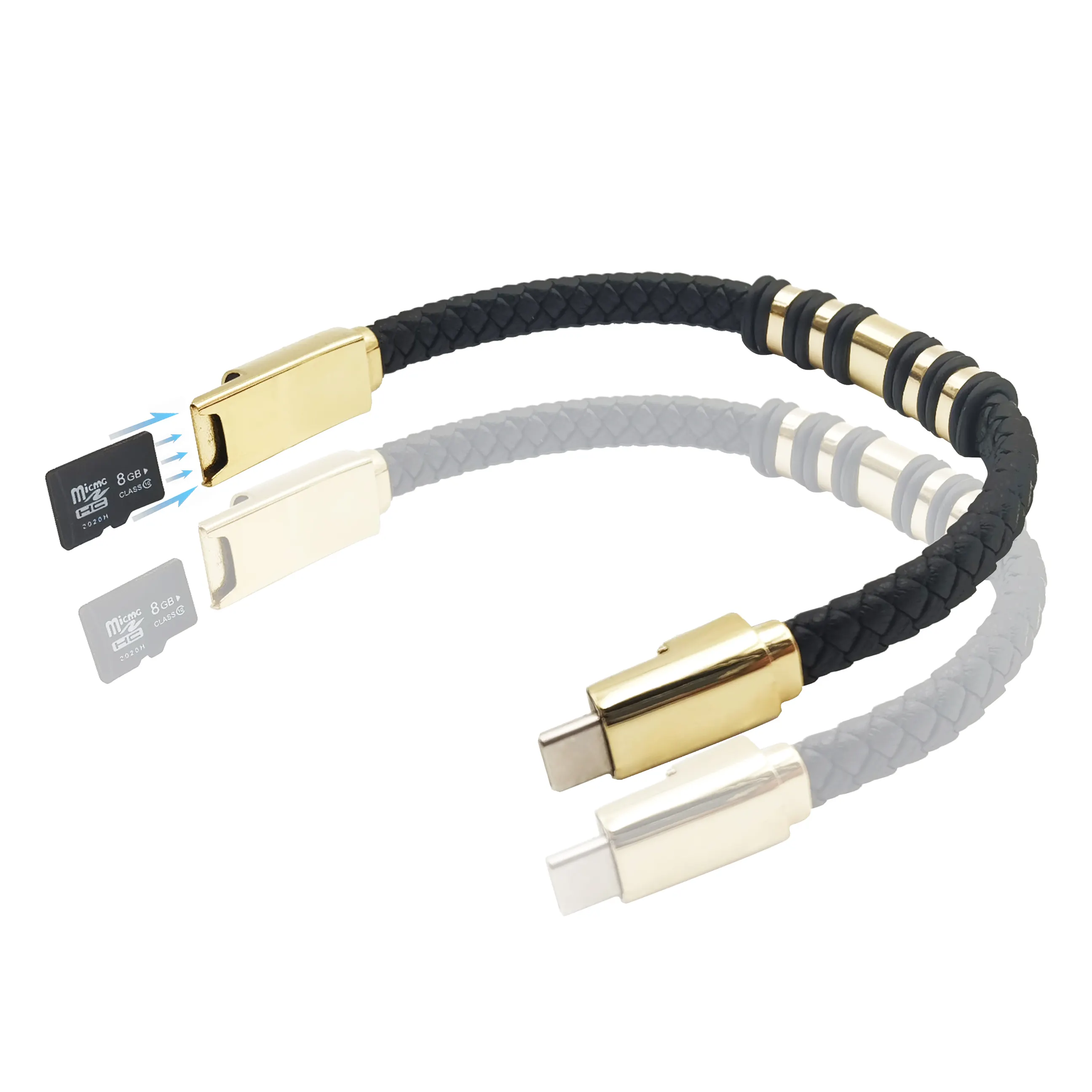 Leather Bracelet 20cm Short USB Charging Data Cable For Iphone Type C Micro Charger,SD card can be inserted
