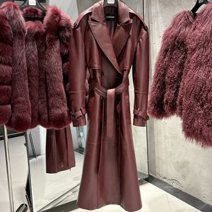 معطف واق من المطر من الجلد الطبيعي للنساء بورجوندي طويل مزدوج الصدر عالي الجودة جاكيت جلد طبيعي ملابس الشارع النسائية - Product Image 2