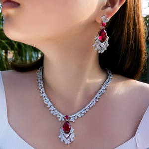 Precioso Conjunto de Joyería de Circonia Cúbica Roja, Collar y Aretes, para Novia, Banquete, Fiesta, Compromiso, Joyería de Lujo para Mujer - Product Image 2
