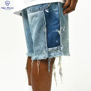 Edge Denim Custom Summer Paint Splatters pantaloncini di Jeans da lavoro Patchwork blu pesante di alta qualità da uomo