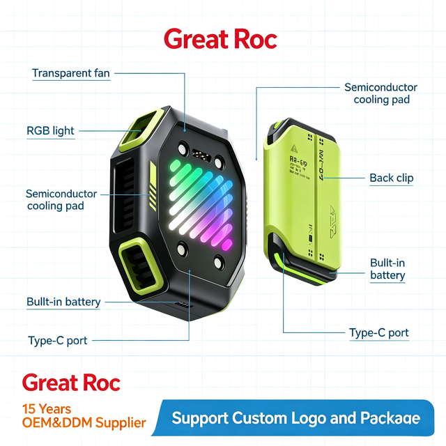 Back Clip Semiconductor Phone Cooler Built in Battery Pack RGB Digital Display Mobile Cooling Fan for Gaming Live Streaming