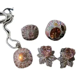 Derniers bijoux de luxe Vogue plaqué or 18 carats Monet Garden Rose en forme de fleur Papalacha Pink Chunky Gemstone Diamond Necklace Ring