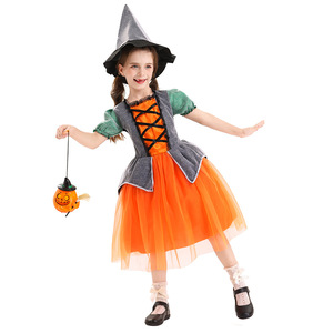 Robe de sorcière classique à motif citrouille, jupe en maille orange, costume d'Halloween, tenue de spectacle pour filles - Product Image 2