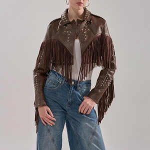Veste en cuir véritable marron avec franges et détails rivetés, col rabattu, longueur courte, style moto, unisexe, pour l'automne - Product Image 1