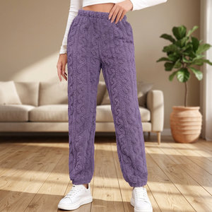Cozy Purple Knitted Sleep Bottoms for Women Full Length Elastic Waist Soft Winter Loungewear Pants Adult Loose Fit - Product Image 3
