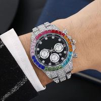 Montre en acier inoxydable avec affichage de la date en chiffres romains, sertie de pierres multicolores CZ, bijoux de style hip-hop pour hommes, vente en gros