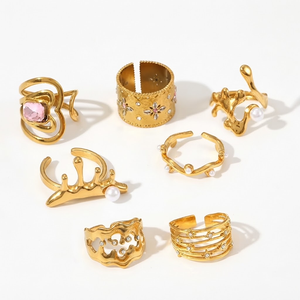 Anillos de Oro para Mujer, Acero Inoxidable, Cristal, Perla, Anillo Abierto Ajustable, Apilable, Delicado, Estilo Bohemio, Vintage, Joyería de Moda, Regalo - Product Image 1