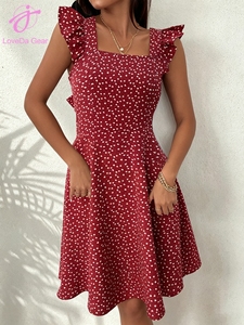 Abito da donna Loveda Spot all'ingrosso, elegante, in cotone, con scollo quadrato, tinta unita, gonna corta a trapezio, vita alta, con fiocco, vestibilità slim - Product Image 3