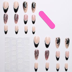24 faux ongles à presser pour Halloween - Design araignée et toile d'araignée à bout français noir, faux ongles nude scintillants pour cosplay gothique - Product Image 4