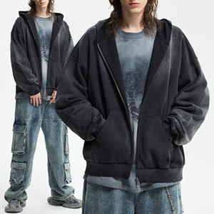 เสื้อฮู้ดดี้ผ้าฝ้ายระบายอากาศดี ซักฟอกสีซีดแบบซันเฟด ซิปสองทาง ทรงโอเวอร์ไซส์ ดีไซน์ยูนิเซ็กซ์ พิมพ์ลายแบบดิสเทรส - Product Image 1