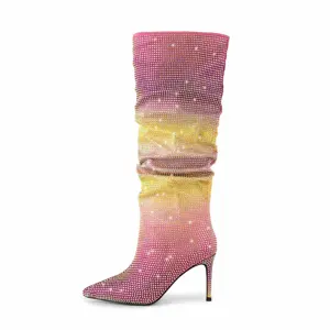 Winter Fashion Women Sexy Pencil High Heel Wide Calf <strong>Boots</strong> <strong>Sparkly</strong> Full Diamond Lady Gradient Satin Fabric Knee High <strong>Boots</strong> - Product Image 1