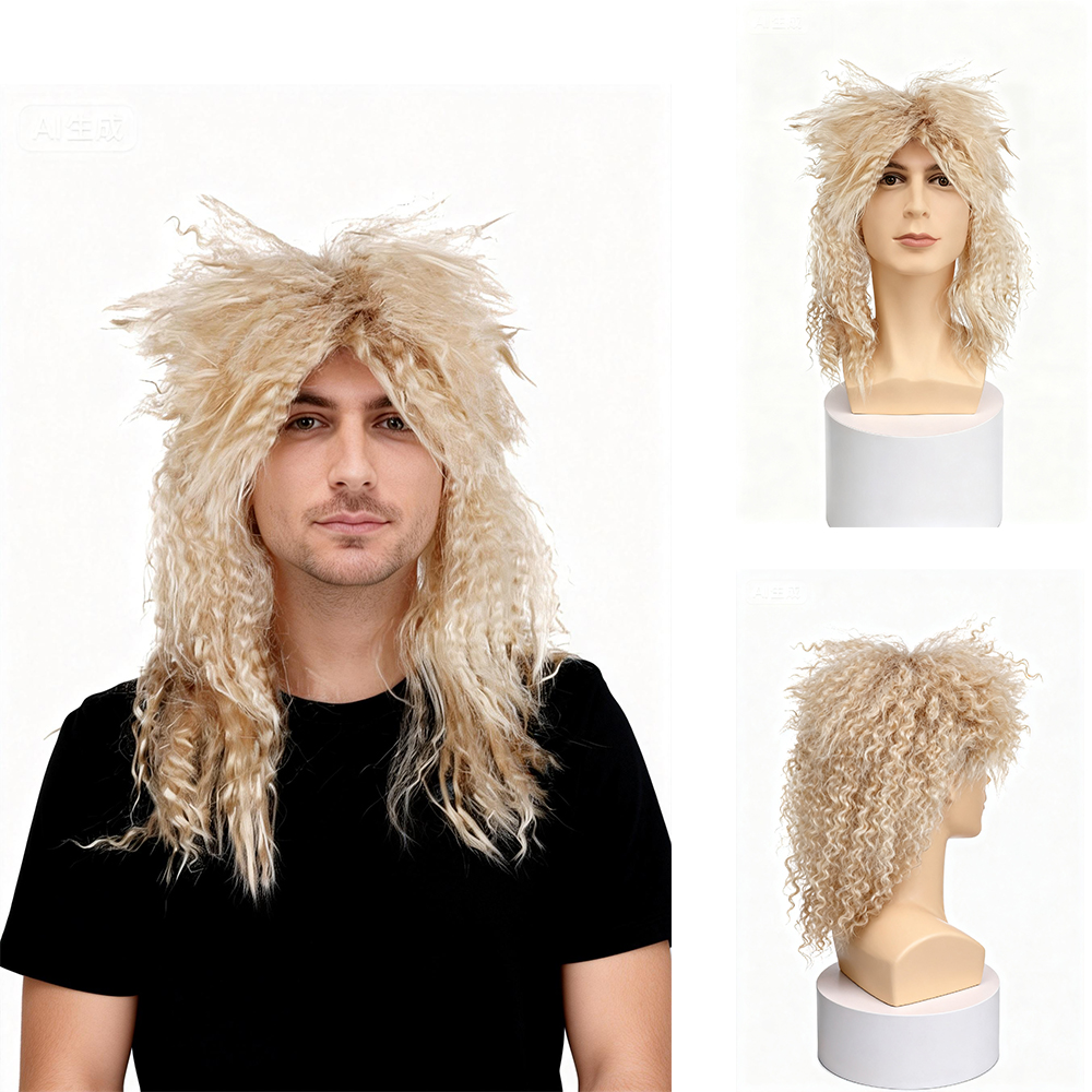 KAYLRE Disfraces Cortos De Los Años 80 para Hombre Bolsa De Suciedad Disco Peluca Y Disfraz De Cosplay De Halloween Peluca Rizada(Negro