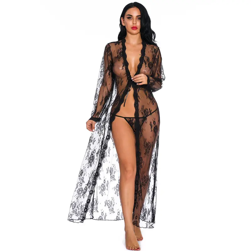 7 cores das Mulheres Long Lace Kimono Robe Sheer Babydoll Camisola lingerie camisola sexy mulheres roupão sexy lingerie