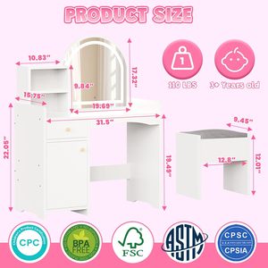 Ensemble coiffeuse et banc blanc avec miroir LED et commode de rangement pour chambre à coucher - Product Image 6