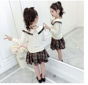 Wholesale New Spring Girl's Autumn Embroidered Peter Pan Collar Kid Shirt Tartan Skirt Two Pieces Suit - Product Image 3