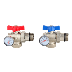 Van bi bằng đồng để kiểm soát lưu lượng nước với tay cầm màu xanh/đỏ và đồng hồ đo áp suất nhiệt độ cho hệ thống sưởi sàn - Product Image 2