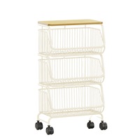 Chariot de rangement roulant à 3 niveaux en acier au carbone avec logo personnalisé OEM, dessus en bois, panier coulissant et étagère organisatrice pour cuisine