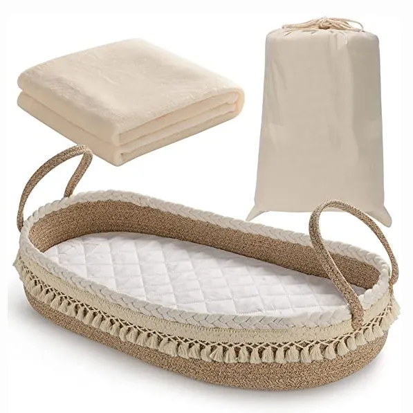 Детская корзина для смены-плетеная хлопковая веревка ручной работы, корзина с матрасом, съемный чехол, мягкое одеяло