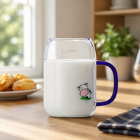 Tasse à lait en verre pour enfants, motif animal de dessin animé, résistante à la chaleur, avec poignée, marquages de mesure, compatible micro-ondes, sans couvercle, pour la maison