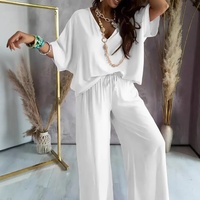 Nouvelle collection Printemps 2026 style Euro-Américain, Ensemble deux pièces ODM uni décontracté avec haut à col en V, manches trois-quarts et pantalon large à lacets