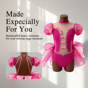 Traje de Danza Jazz Lírico Personalizado para Niñas, Spandex/Poliéster, Pedrería, Malla Rosa, Manga Abullonada, para Competencia y Escenario - Product Image 1
