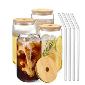 F 500ML Glass Cups with Bamboo Lids Glass Straw Beer Can Shaped Drinking Glasses 16oz Iced Coffee Glasses Bottle with Bamboo lid