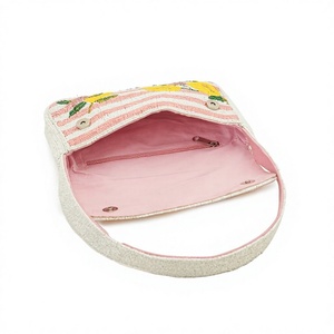 Sac à main en tissu brodé à la main avec perles de verre, rayures roses et motif floral citron, forme rectangulaire, idéal pour les soirées - Product Image 1