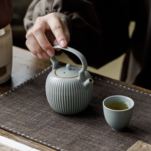 Guanlan Sky Blue Ceramic Teapot With Handle Vertical Striped <b>Small</b> Kung Fu Tea Set - Product Image 3