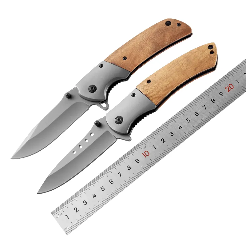Popular custom logo Blank wood handle 3Cr13 titanium plated blade pocket knife for outdoor camping hunting with color boxes