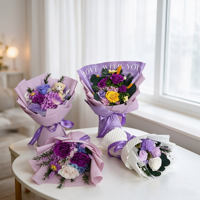 Bouquet de roses éternelles violettes avec ours en peluche – Fleurs séchées véritables pour la Saint-Valentin, anniversaire, décoration intérieure, cadeau (vente en gros)