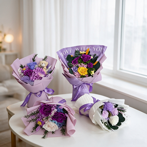 Bouquet di Rose Eterne <span class=keywords><strong>Viola</strong></span> con Orsacchiotto, Fiori Veri Essiccati per Decorazioni Casa, Regalo di San Valentino e Compleanno - Product Image 6