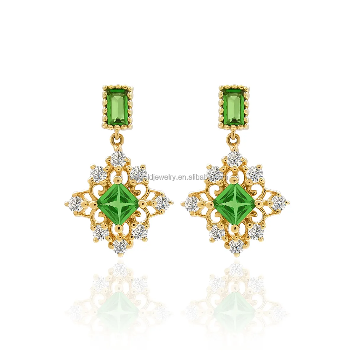 New Arrival Au585 14k Solid Yellow Gold Stud Earrings With Moissanite And Tsavorite Fine Jewelry Elegant Design For Woman