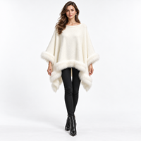 Cardigan poncho en tricot plat coréen pour femme avec bordure en vraie fourrure de renard blanc – Collection Hiver Boutique