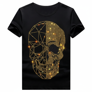 T-shirt décontracté à manches courtes en coton noir avec strass pour hommes, t-shirt slim de qualité supérieure - Product Image 1