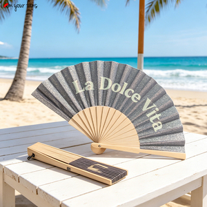 Éventail pliable multi-usage en bois doré scintillant avec baleines et accessoires personnalisés - Product Image 4