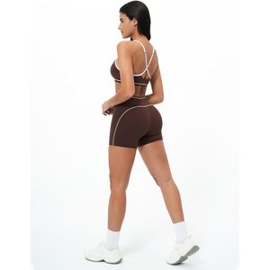 Conjunto Deportivo de Dos Piezas para Mujer, Top Deportivo con Tirantes y Bloques de Color, Shorts de Cintura Alta, Ropa Deportiva para Gimnasio, Yoga, Transpirable, Spandex - Product Image 6